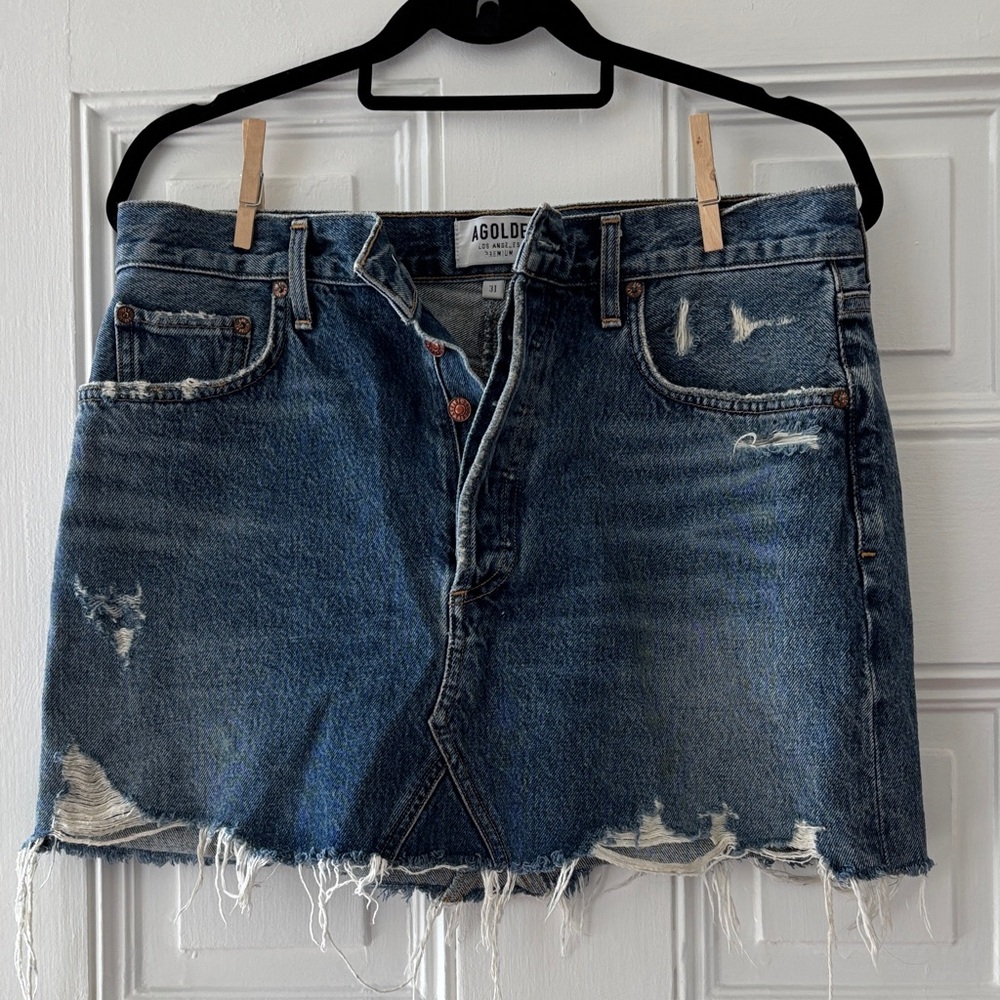 Agolde Dark Blue Distressed Denim Mini Skirt